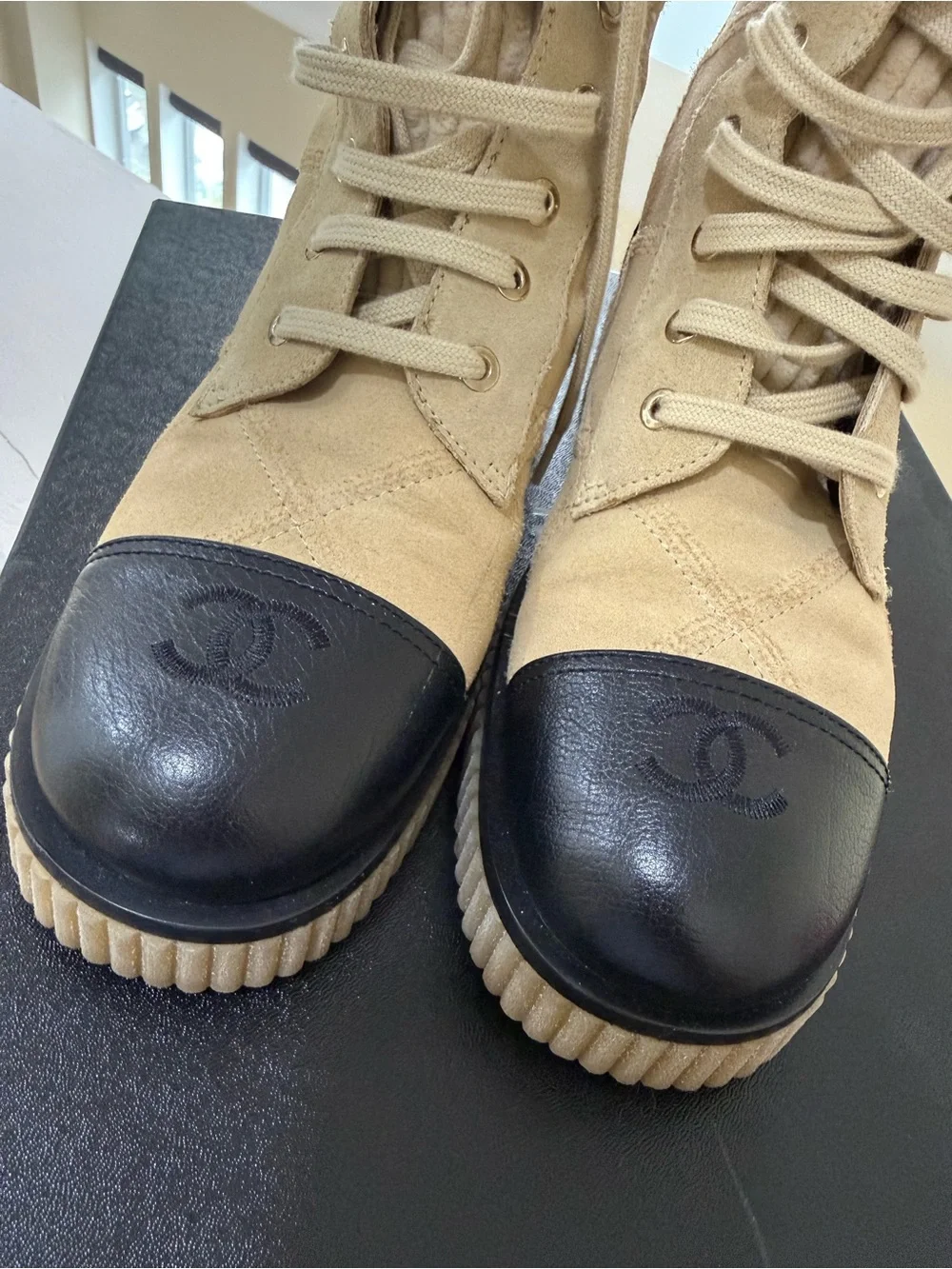 CHANEL Beige Suede and Black Leather Cap-Toe Lace-Up Boots
